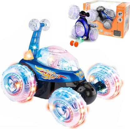 Haktoys Rechargeable RC Tornado Stunt Car – 360° Flip Remote Control Turbo Twister Vehicle with Lights & Music | Double-Sided Spinning Car Toy for Toddlers Kids Boys Girls (Blue) - color: Blue