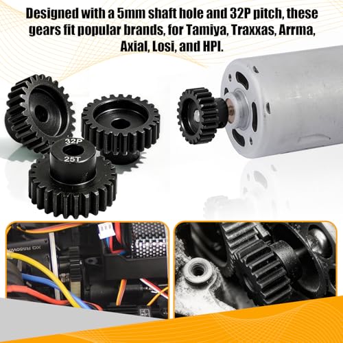 32P 25T RC Car Gear Set | 45# Steel Black Oxide | 5mm Bore +0.03mm | Precision Engineered Motor Pinion Gear Compatible with Traxxas/ARRMA/HPI/Kyosho (3-Pack with M4 Set Screws) - style: 3Pcs 25T