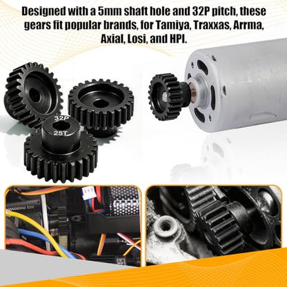32P 25T RC Car Gear Set | 45# Steel Black Oxide | 5mm Bore +0.03mm | Precision Engineered Motor Pinion Gear Compatible with Traxxas/ARRMA/HPI/Kyosho (3-Pack with M4 Set Screws) - style: 3Pcs 25T