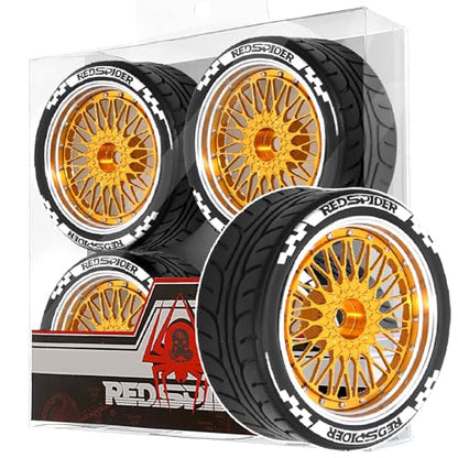 4PCS/Set 64mm Rubber Tires & Aluminum Alloy Wheels Rims Replacement Part for 1/10 RC On-Road Touring Car Racing Car (Gold) - color: Gold