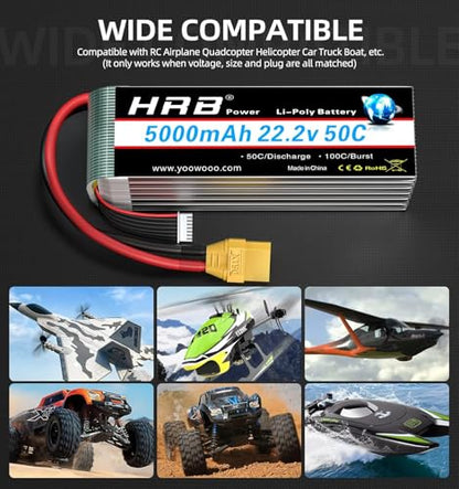 HRB 6S 5000mAh 22.2V 50C Lipo Battery XT90 Plug RC Lipo Battery Compatible with RC Quadcopter Helicopter Airplane Car Boat Truck