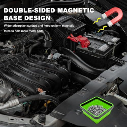 Collapsible Magnetic Parts Tray, 4.5" Square Metal Parts Organizer with Dual-Sided Magnetic Base, Foldable Tools Tray Silicone Storage Bowl for Screws Bolts Nuts Washers Pins (Green) - color: Green