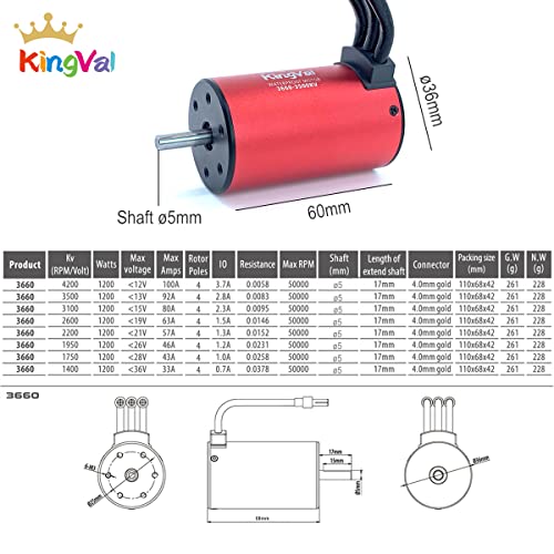 KingVal Replacement 3660 3100KV Waterproof Brushless Motor Shaft Diameter 5mm Compatible with 1/10 RC Car - size: 3100KV(ø5mm Shaft), style: 3660