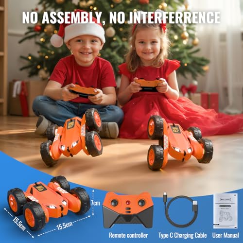 MaxTronic Fast Direct Charging Remote Control Car with LED，Exclusive Dual USB-C Charging for Car & Controller - 2.4Ghz 15km/h 360° Flips Rotations 4WD RC Stunt Car Fully Rechargeable for Kids 3-12 - color: Orange