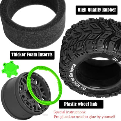 RC Truck Tires Wheel for 1/10 Big Rock Granite Vortek 3s / Stampede Rustler RC Car,4-Pack RC Wheels Tires Plastic Wheels w/12mm/14mm/17mm Replaceable Hex,Black-Green - color: Black-green- (Rc Tires Wheel)