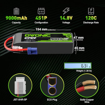 OVONIC 4S LiPo Battery 14.8V 9000mAh 120C with EC5 Plug for RC Car RC Truck Airplane Helicopter Boat Car Racing RC Hobby (2 Packs)