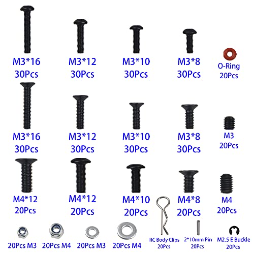 520Pcs Universal RC M3 M4 Screws Kit M3 M4 Washer Lock Nut R Buckle Body Clips 2x10mm Pins Compatible with 1/8 1/10 HSP Axial SCX10 Traxxas Arrma Losi RC Car Truck Repair Tool Box