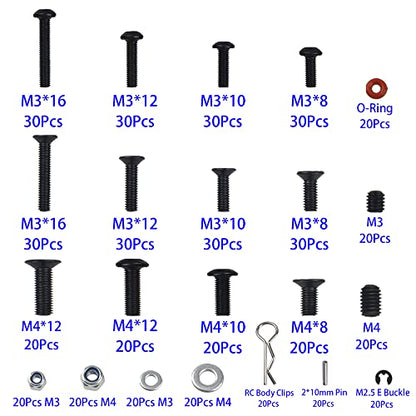 520Pcs Universal RC M3 M4 Screws Kit M3 M4 Washer Lock Nut R Buckle Body Clips 2x10mm Pins Compatible with 1/8 1/10 HSP Axial SCX10 Traxxas Arrma Losi RC Car Truck Repair Tool Box
