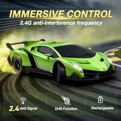 Axirata 1:24 Scale Lamborghini Remote Control Car Lambo Toy Car（Green） | Lamborghini Toy Car Officially Licensed 25KM/H Fast RC Drift Car with LED Light 2.4GHz Race Cars for Boys Girls Birthday Gift