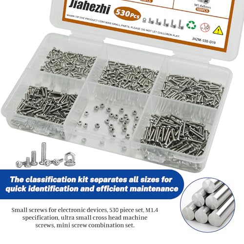 530Pcs M1.4 304 Stainless Steel Metric Micro Screws Nuts Assortment | M1.4x3/4/5/6/8mm Sizes, Phillips Pan Head, Fully Threaded Kit for Arduino, RC Models, Electronics, DIY Projects - size: M1.4x3/4/5/6/8- 530 Pcs