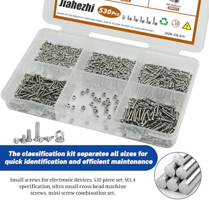 530Pcs M1.4 304 Stainless Steel Metric Micro Screws Nuts Assortment | M1.4x3/4/5/6/8mm Sizes, Phillips Pan Head, Fully Threaded Kit for Arduino, RC Models, Electronics, DIY Projects - size: M1.4x3/4/5/6/8- 530 Pcs
