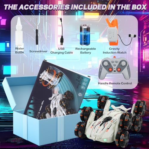 Funbud 8 Wheels Gesture Sensing RC Stunt Car for Kids - Birthday Gifts for 6 7 8 9 10 11 12+ Years Old, Remote Control Off-Road Vehicle, 360 Degree Flips & Lights & Spray, Fun Toys for Boys Age 6-12