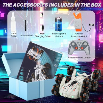 Funbud 8 Wheels Gesture Sensing RC Stunt Car for Kids - Birthday Gifts for 6 7 8 9 10 11 12+ Years Old, Remote Control Off-Road Vehicle, 360 Degree Flips & Lights & Spray, Fun Toys for Boys Age 6-12