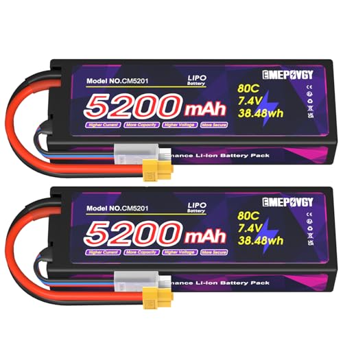7.4V Lipo Battery 2S 5200mAh 80C Lipos Hard Case with XT60 Connector for RC Car Trucks 1/8 1/10 RC Vehicles(2 Packs) - color: XT60