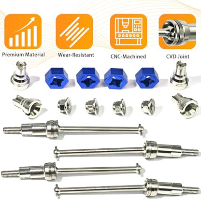 Hardened Steel CVD Driveshaft Front Rear with Hexs, Nuts, Drive Center Cup, Drivershaft Dogbone CVD Compatible with ARRMA 1/18 Mojave Granite GROM ARA2102, Replace #ARA311198 (Silver,Blue) - color: Silver-blue