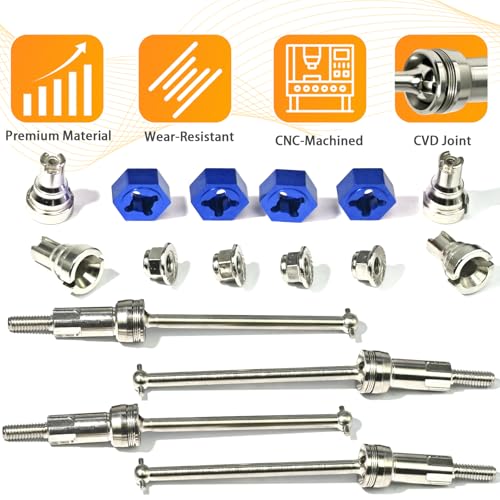 Hardened Steel CVD Driveshaft Front Rear with Hexs, Nuts, Drive Center Cup, Drivershaft Dogbone CVD Compatible with ARRMA 1/18 Mojave Granite GROM ARA2102, Replace #ARA311198 (Silver,Blue) - color: Silver-blue
