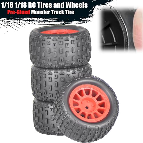 4Pcs Monster Truck Tires 1/16 1/18 Scale 74mm Pre-glued Foam Insert Tires for ARRMA Granite 1/18 Granite/ Typhon, WLtoys A949, MJX Hyper Go H16, High-Grip Ready-to-Run - color: Red