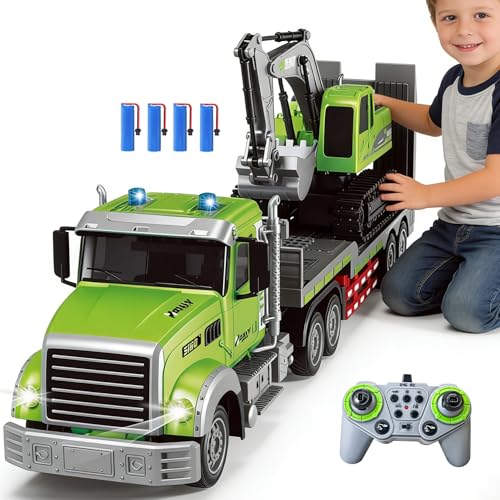 11 Channel RC Semi Truck & RC Excavator Toy Set, 1:12 Remote Control Flatbed Truck with Trailer, Engineering Vehicle with Sound & Lights, Alloy Bucket Excavator Toys, Great Gift for Boys Kids