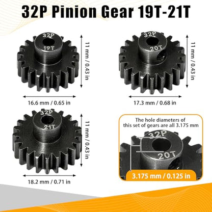 3PCS 32P Pinion Gear #45 Hardened Steel 3.175mm - 19T 20T 21T 0.8M Motor Pinion Gear Set for 1/10 RC Car, Compatible with Traxxas Arrma Tamiya Losi Brushless Brushed Motor Upgrade Parts - size: 19 20 21T