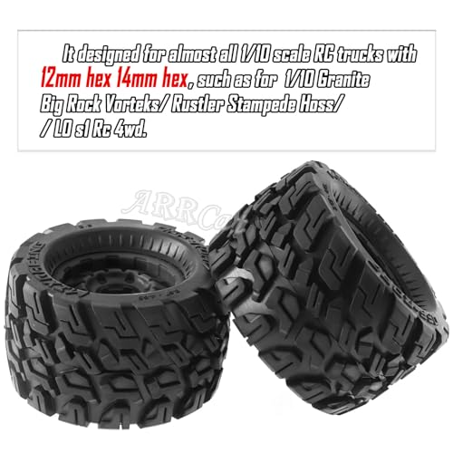 RC Truck Tires Wheel for 1/10 Big Rock Granite Vortek/Stampede Rustler Hoss/L0s1 Rc 4wd,RC Wheels Tires 12mm/14mm Hex,Black - color: Black - Rc Tires Wheel