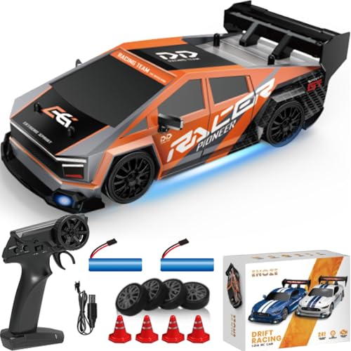 RC Drift Car, 1/24 Scale Mini RC Drift Car, 2.4GHz Remote Control Cars, Four Wheel Drive High Speed Racing with LED Lights, Equipped with Racing Tires and 2 Rechargeable Batteries (8603-Orange) - style: 8603-Orange