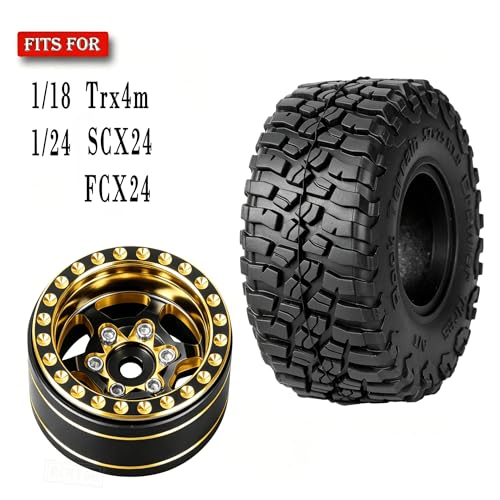 RC Full Brass 1.0 Beadlock Wheel Rim & Wheels Tires for 1/18 1/24 Trx4m SCX24 FCX24 RC Crawler Car,4PCS (1.0 Inches) Wheel Rim & Wheels Tires(Black-A)