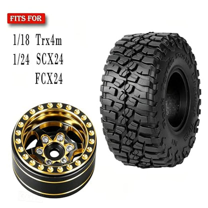 RC Full Brass 1.0 Beadlock Wheel Rim & Wheels Tires for 1/18 1/24 Trx4m SCX24 FCX24 RC Crawler Car,4PCS (1.0 Inches) Wheel Rim & Wheels Tires(Black-A)