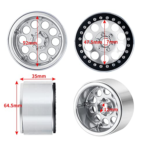 4PCS 2.2inch Beadlock Wheels 35mm RC 2.2 Aluminum Rims for AXIAL Wraith RR10 90048/90018 TRX4 1/10th RC Crawler Truck Car (Silver) - color: Silver