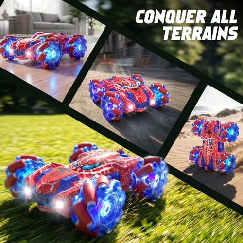 Spider Gesture Sensing Remote Control Car Birthday Gift for Boy 3-12 | Double Sided RC Cars, Full-Body Light, 2.4GHz Hand Controlled, Rechargeable RC Stunt Car - color: Red