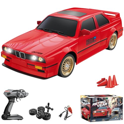 RC Drift Car for Kids Adults 1:16 Scale 2.4Ghz 4WD High Speed RTR Racing Car 30KM/H with Led Lights Remote Control Vehicle Sport Toy Gifts for Girls Boys, Two Batteries and Drift Tire Included