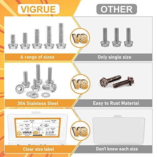 M6-1.0 x 12/16/20/25/30mm Flanged Hex Head Bolts, VIGURE 135PCS M6 Flange Hexagon Screws Serrated Flange Nuts Washers, Stainless Steel 18-8 (304), DIN 6921 - size: M6-1.0