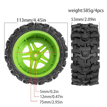 STMU 1/10 12mm Hex RC Wheels and Tires （4pcs） OD 4.45''for 1/10 RC Off-Road Car Traxxas TRX4 Slash Arrma Losi Tenacity Vkar 10sc Hpi RC Buggy Car (Green) - color: Green