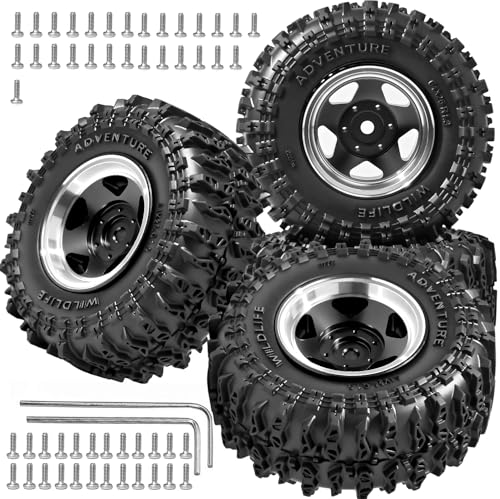 1.3" Beadlock Wheel Tires, Aluminum 1.3 Beadlock Wheels and Tires Upgraded 1.45-inch Wheel for for 1/24 SCX24 AX24 FCX24 1/18 TRX4M FMS RC Crawler Car Upgrade (Black) - color: Balck