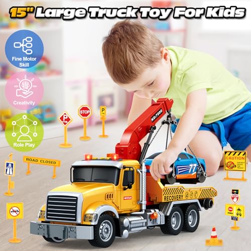 Kids Toys for 3 4 5 6 7 Years Old Boys, 15" Large Tow Truck Toy, Friction Powered Transport Truck Crane Vehicle Toy with Lights and Sounds, Racing Car, Traffic Signs, Birthday Gifts for Boys Girls - style: Tow Truck