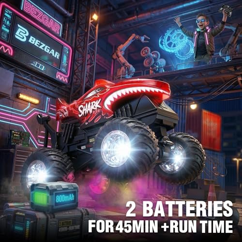 BEZGAR 1:20 Shark Monster Truck Toys, 360°Stunt RC Cars Rotation Monster Trucks with Music, 2 Batteries and Wireless LED Strobe Lights, Remote Control Car for Boys 4 5 6 7 8 9 Years Old(Red) - color: Red
