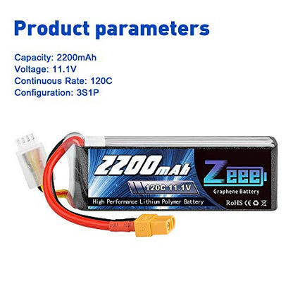 Zeee 3S 120C 2200mAh 11.1V Lipo Battery with XT60 Plug RC Graphene Lipo for FPV Drone Quadcopter Helicopter Airplane RC Boat RC Car RC Models(2 Pack)