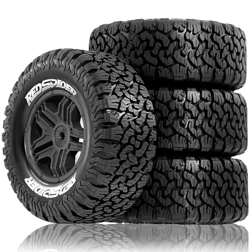 1/10 RC Short Course Truck Plastic Wheels 12mm Hex and Tires OD 4.41" 5-Spok Off Road Tyres for 1:10 Scale Truck Car TRAXXAS Slash 4X4 2WD ARRMA SENTON 3S Losi Redcat Rc4wd 4PCS (Black) - color: Black