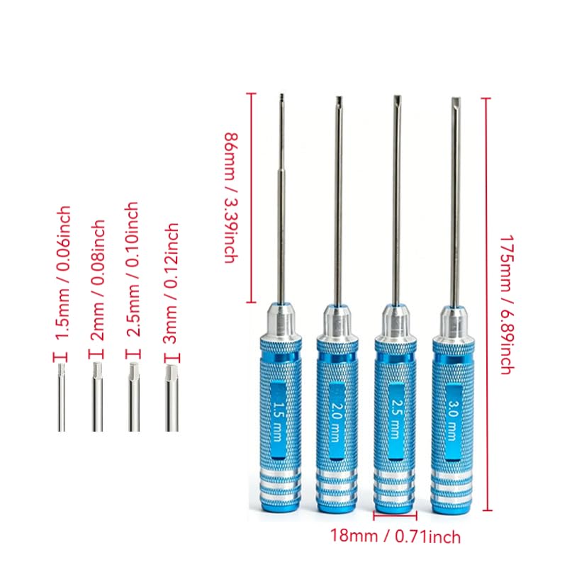 RC Car and Drone Repair Tools: 1.5, 2.0, 2.5, 3.0 mm Hex Screwdrivers, Socket Wrenches, and Small Adjustment Wrenches for Rods Suitable for: 1/5, 1/8, and 1/10 Scale Models (Blue 4-Piece Set)