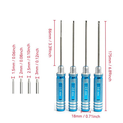 RC Car and Drone Repair Tools: 1.5, 2.0, 2.5, 3.0 mm Hex Screwdrivers, Socket Wrenches, and Small Adjustment Wrenches for Rods Suitable for: 1/5, 1/8, and 1/10 Scale Models (Blue 4-Piece Set)