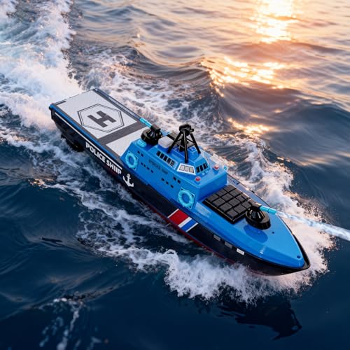 22" Inch 56CM Remote Controlled Warship Battleship Aircraft Carrier 15km/h 2.4G 8WD RC Boat Spaying Water LED Walk On Water Lakes Pools for 14Y+ Blue (2 Water-Cannons ,1 Shooting &1 No-Shooting)