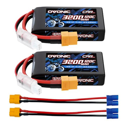 OVONIC 2S Lipo Battery 7.4V 3200mAh 120C with XT60 to EC3 Connector for RC Car Truck Vehicles Boat Drone Airplane Quadcopter Helicopter FPV Racing Hobby Models Pro Truck Boat Jet Basher 2 Batteries