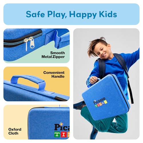 PicassoTiles Toy Storage Travel Case Organizer Bag for Kids Magnetic Tiles | water-resistant Oxford cloth material, durable rubber handle, strong zipper, zippered mesh pocket, drop-proof edges