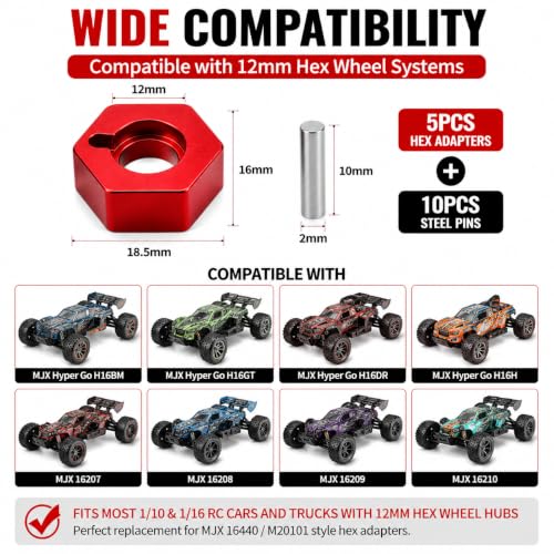 5PCS 12mm RC Wheel Hex Hub Adapter, CNC Aluminum Upgrade Set | CNC aluminum hubs improve wheel stability with anti-loosening pins. Designed for 1/10 RC cars and upgrade applications
