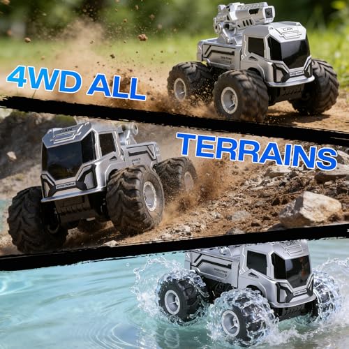 1:18 Remote Control Car, Amphibious RC Monster Truck for Kids, 4WD Waterproof RC Stunt Car, 2.4GHz All Terrain Off-Road Vehicle with 2 Rechargeable Batteries, Toy Gift for Boys Girls Aged 6-12
