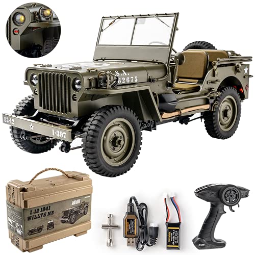 FMS Rochobby RC Car 112 1941 MB Scaler Willys Jeep Remote Control Crawler Military Truck 4x4 Offroad Vehicle with Transmitter Battery and Charger, Small, RC12001RTR Hunter Green