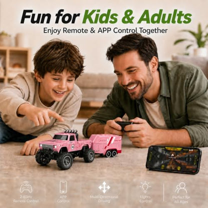 1:64 Scale Mini Remote Control Monster Truck with Trailer | 2.4GHz & App Dual Control, Alloy Mini RC Car with LED Lights, Portable Pocket Toy Car for Kids & Adults, Gift for Boys (Pink) - color: Pink