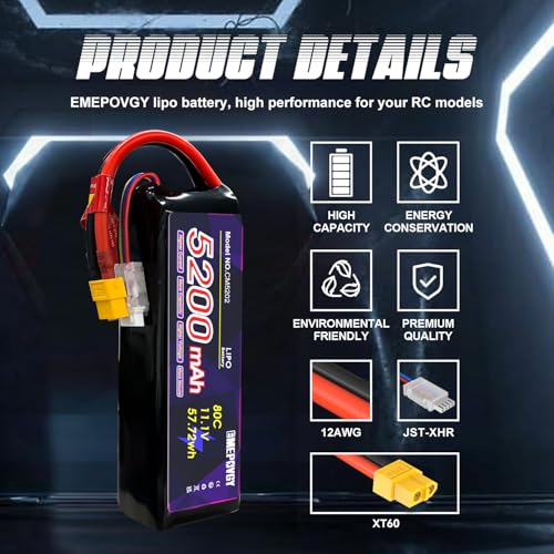 11.1V Lipo Battery 3S 5200mAh 80C Lipos Soft Case with XT60 Connector for RC Car Airplane Helicopter Boat Racing RC Hobby(2 Packs) - color: Softcase-2