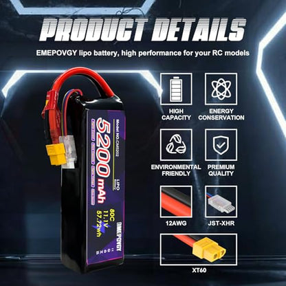 11.1V Lipo Battery 3S 5200mAh 80C Lipos Soft Case with XT60 Connector for RC Car Airplane Helicopter Boat Racing RC Hobby(2 Packs) - color: Softcase-2