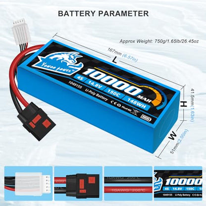 Yowoo 4S Lipo Battery 10000mAh 14.8V 150C QS8 Connector Graphene Lipo Battery with Metal Plates Compatible with Xmaxx RC Car Truck Tank Racing Hobby Models (2 Pack)