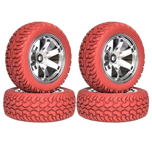 4PCS 75mm Rubber Tires and 6Spokes Plastic Wheel Rims Tyre for 1/10 RC On-Road Drift Racing Car 1:14 1:16 Rally Car for Tamiya Kyosho HPI HSP TT02 Upgrades Parts (Red Silver) - color: Red Silver